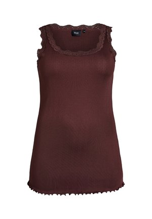 Ärmelloses, dunkelbrownes, geripptes Tanktop mit Spitzenbesatz am Rundhalsausschnitt und an den Armausschnitten sowie einem Rüschensaum.