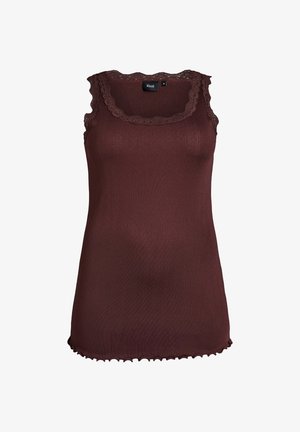 Ärmelloses, dunkelbrownes, geripptes Tanktop mit Spitzenbesatz am Rundhalsausschnitt und an den Armausschnitten sowie einem Rüschensaum.