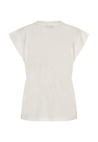 T-shirt blanc à manches courtes avec une coupe décontractée, texture douce, col rond et détails de couture subtils. La vue de dos montre un tissu lisse.