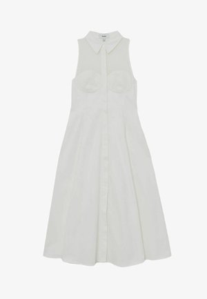 Rochie albă fără mâneci, cu guler, cu nasturi în față și detalii din dantelă transparentă peste bust, fustă evazată, lungime midi.