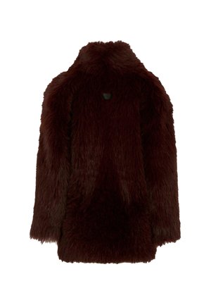 Faux fur jas in diep bordeaux, met een hoge kraag, lange mouwen en een ontspannen pasvorm. Zachte textuur met een schuilende uitstraling.