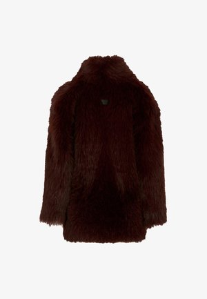 Syntetyczna kurtka futrzana w głębokim burgundzie, z wysokim kołnierzem, długimi rękawami i luźnym krojem. Miękka faktura o kudłatej strukturze.