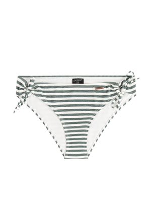Witte bikini onderkant met donkergroene horizontale strepen, zijbandjes en kleine 'protest' merknagels aan de voorkant en de tailleband.