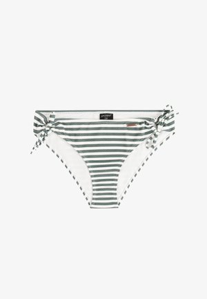 Witte bikini onderkant met donkergroene horizontale strepen, zijbandjes en kleine 'protest' merknagels aan de voorkant en de tailleband.