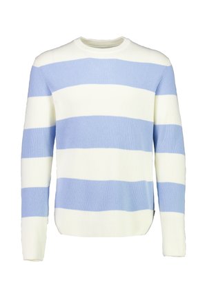 Strickpullover mit langen Ärmeln und breiten horizontalen Streifen in Hellblau und Weiß, mit Rundhalsausschnitt und gerippter Struktur.