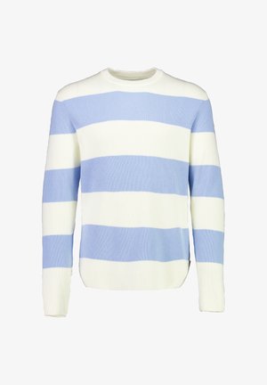Strickpullover mit langen Ärmeln und breiten horizontalen Streifen in Hellblau und Weiß, mit Rundhalsausschnitt und gerippter Struktur.