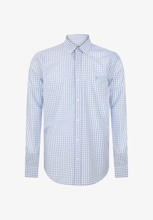Camisa de manga larga a cuadros en azul claro y blanco con cuello abotonado y un bolsillo en el pecho. Fabricada en un tejido suave.