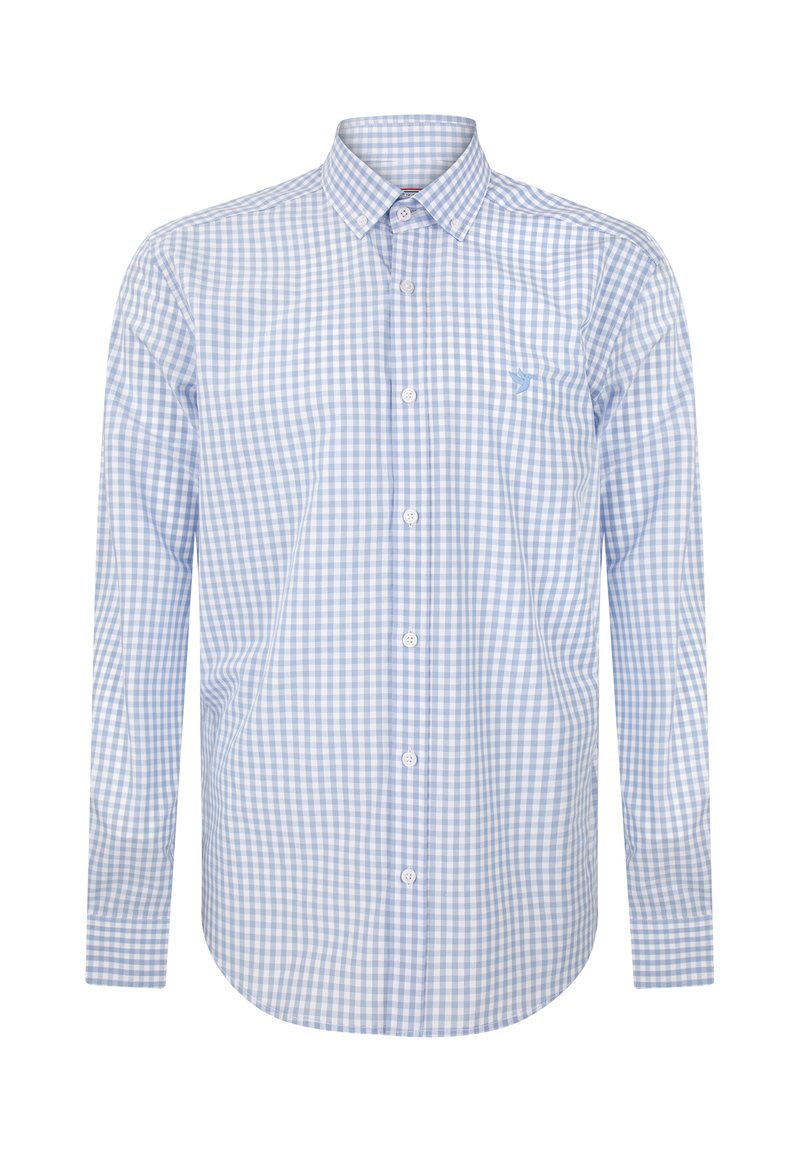Camicia a maniche lunghe a quadri azzurri e bianchi con colletto bottone e taschino sul petto. Realizzata in un tessuto liscio.