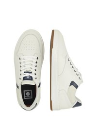 White leather sneakers with navy accents and perforated toe. Features white laces and a gum sole. Textured side panels and logo.