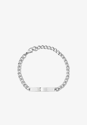 Bracciale a catena d'argento con anelli intrecciati e una targhetta rettangolare liscia. Finitura lucida con chiusura a moschettone sicura.