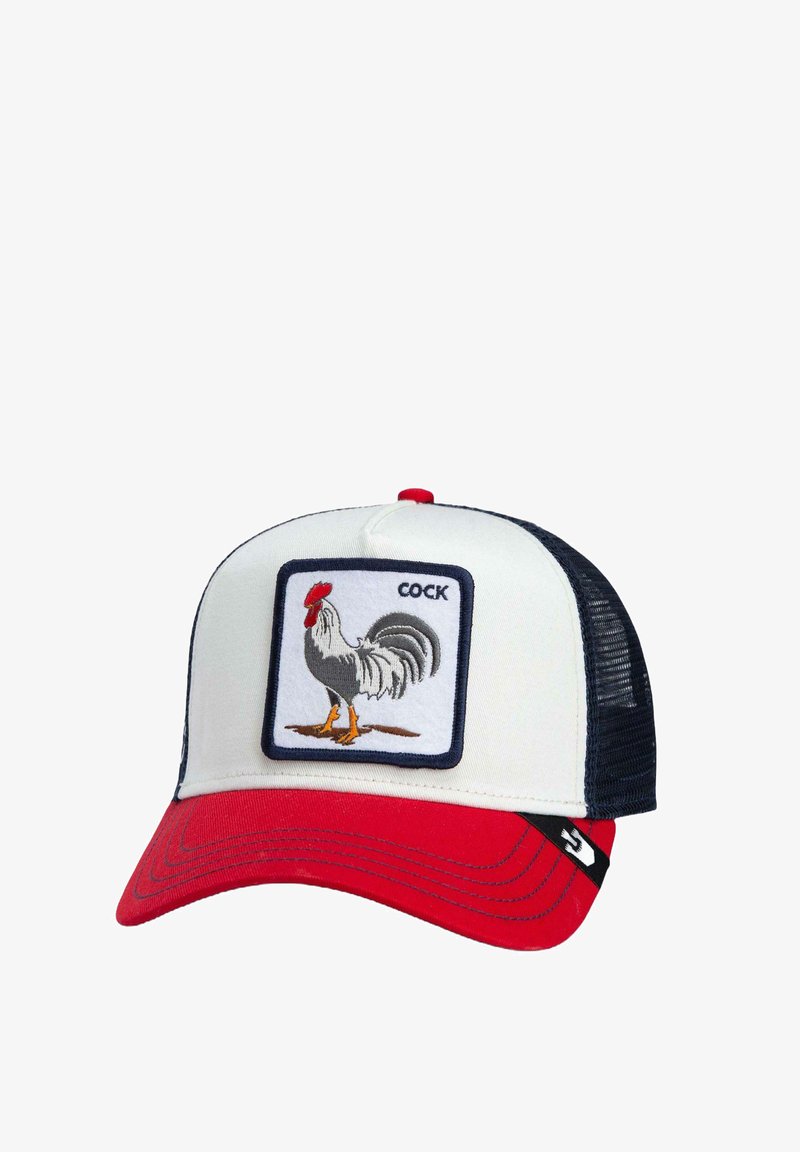White trucker cap with red bill, featuring an embroidered square patch of a rooster and the word "COCK" above it. Navy mesh back.