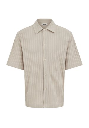 Chemise beige à manches courtes avec fermeture à boutons, texture côtelée verticale, col classique, boutons à l'avant et coupe décontractée.