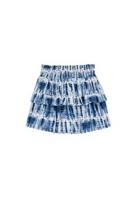 Fustă în degrade albastru și alb, cu volane suprapuse, confecționată dintr-un material ușor, cu un model tie-dye, având o bandă elastică la talie pentru confort.