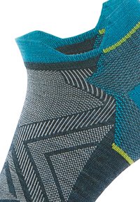 Chaussette de cheville avec un motif géométrique dans des tons de bleu canard et de gris, en tissu texturé et avec un talon renforcé pour une durabilité accrue.