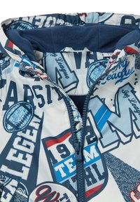 Children's jacket featuring a blue and white design with sports-themed prints, a soft inner lining, and a front zipper closure.