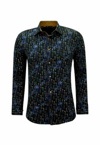 Donkerblauwe langarmshirt met een gouden en witte sleutelpatroon, voorzien van een contrasterende gouden kraag en knoopsluiting. Zachte stofstructuur.