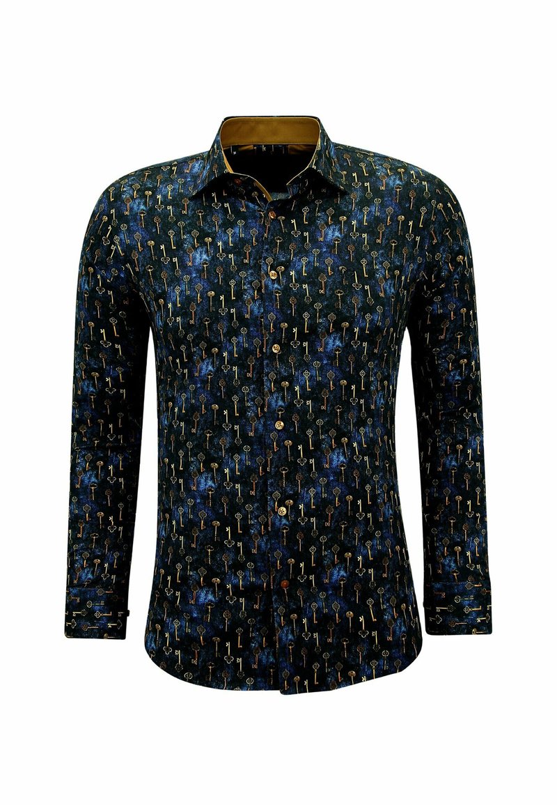 Donkerblauwe langarmshirt met een gouden en witte sleutelpatroon, voorzien van een contrasterende gouden kraag en knoopsluiting. Zachte stofstructuur.