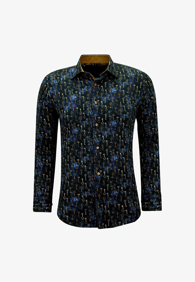 Donkerblauwe langarmshirt met een gouden en witte sleutelpatroon, voorzien van een contrasterende gouden kraag en knoopsluiting. Zachte stofstructuur.