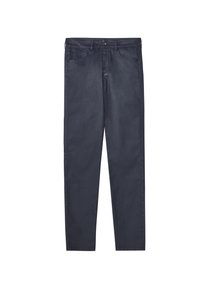 Mörkblå jeans, rak bendesign, tillverkade av denim, med framfickor, dragkedja och en enda knappknäppning med diskreta sömdetaljer.