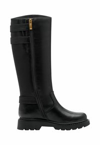 Black synthetic knee-high boots with a textured finish, featuring a side zipper and two horizontal strap accents near the top. Thick, ridged sole.