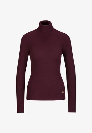 Bordeaux geribbelde coltrui met lange mouwen en een getailleerd ontwerp. Bevat een kleine gouden logo-accent aan de zoom. Zachte textuur.