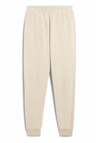 Beige sweatpants med elastisk talje og manchetter, lavet af blødt stof, med en glat overflade og afslappet pasform.