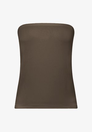 Brun strapless top lavet af glat, strækbart materiale. Enkel design med en lige udskæring og en tætsiddende silhuet. Ingen synlige pynt.