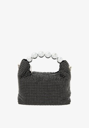 Schwarzperlen-Handtasche mit einem abgerundeten silbernen Griff, Reißverschluss und strukturierten Mustern auf der Stoffoberfläche. Kompakte und strukturierte Form.