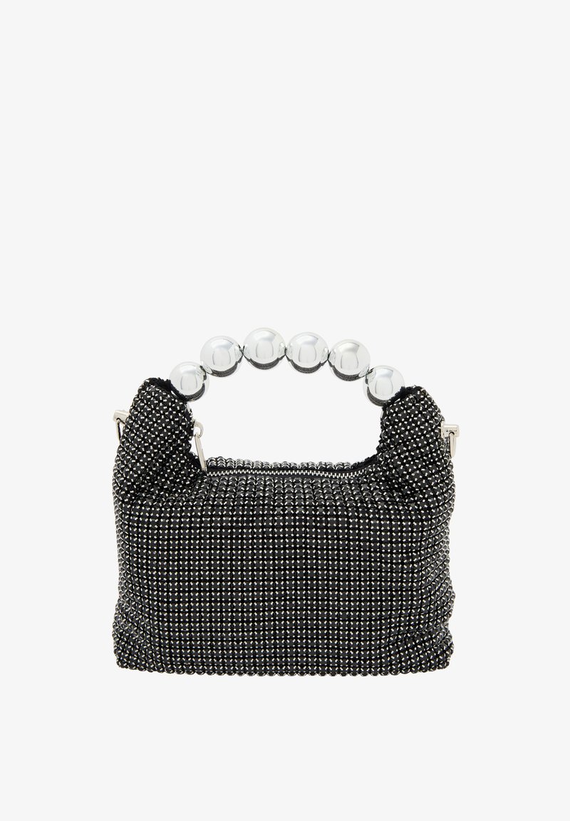 Fekete gyöngyökkel díszített kézitáska lekerekített ezüst gyöngy fogantyúval, cipzáros záródással és textúrált mintákkal a szövet felületén. Kompakt és strukturált kialakítás.