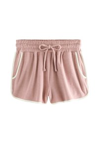Fleece shorts i mjuk rosa med resårmidja, snörning fram och vit kant längs fickor och kanter.