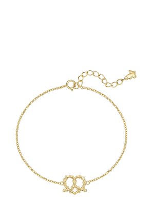 Delicada pulsera de cadena de oro con dos formas de corazón entrelazadas en diseño de cuentas y cierre ajustable con extensión de cadena.