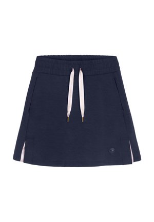 Navy blue skirt with elastic waistband, white drawstrings, side pockets, and small side slits showing light pink inner fabric.