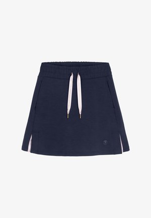 Navy blue skirt with elastic waistband, white drawstrings, side pockets, and small side slits showing light pink inner fabric.