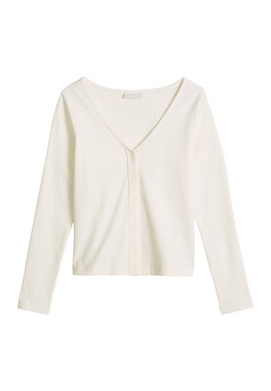 Cremefarbener, gerippter, kurz geschnittener Langarm-Cardigan mit V-Ausschnitt und Knöpfen vorne, flach auf weißem Hintergrund dargestellt.