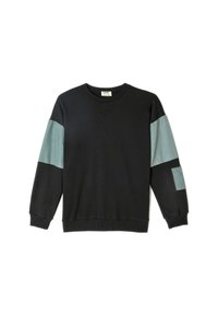 Svart sweatshirt med långa ärmar som har ljus teal-paneler på axlarna och en ficka. Ribbad halsringning och muddar. Mjuk textur.