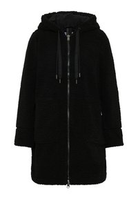 Veste en fausse fourrure noire à capuche avec fermeture éclair, poches avant et cordons de serrage réglables. Texture douce et coupe décontractée.