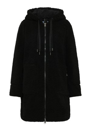 Veste en fausse fourrure noire à capuche avec fermeture éclair, poches avant et cordons de serrage réglables. Texture douce et coupe décontractée.