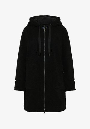 Giacca in pelliccia sintetica nera con cappuccio, chiusura a zip, tasche frontali e cordini regolabili. Tessuto morbido e vestibilità comoda.