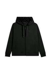 Felpa con zip verde scuro, dotata di una fodera della cappuccio nera a motivi, tasche frontali e cordoncino con estremità metalliche. Dettaglio del logo discreto sul petto.