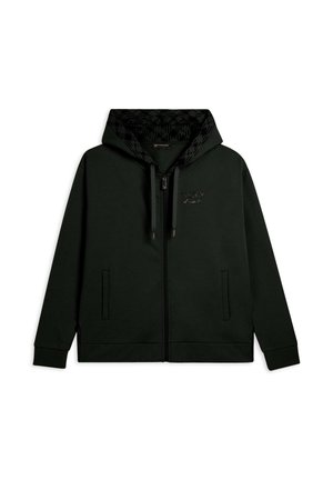 Felpa con zip verde scuro, dotata di una fodera della cappuccio nera a motivi, tasche frontali e cordoncino con estremità metalliche. Dettaglio del logo discreto sul petto.