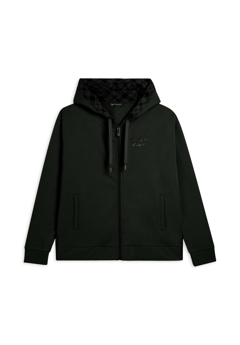 Felpa con zip verde scuro, dotata di una fodera della cappuccio nera a motivi, tasche frontali e cordoncino con estremità metalliche. Dettaglio del logo discreto sul petto.