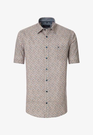 Kurzarm-Hemd mit Knopfleiste, das ein mehrfarbiges Kreisdesign aufweist, blaue Knöpfe und einen Kragen hat. Der Stoff hat eine glatte Textur.