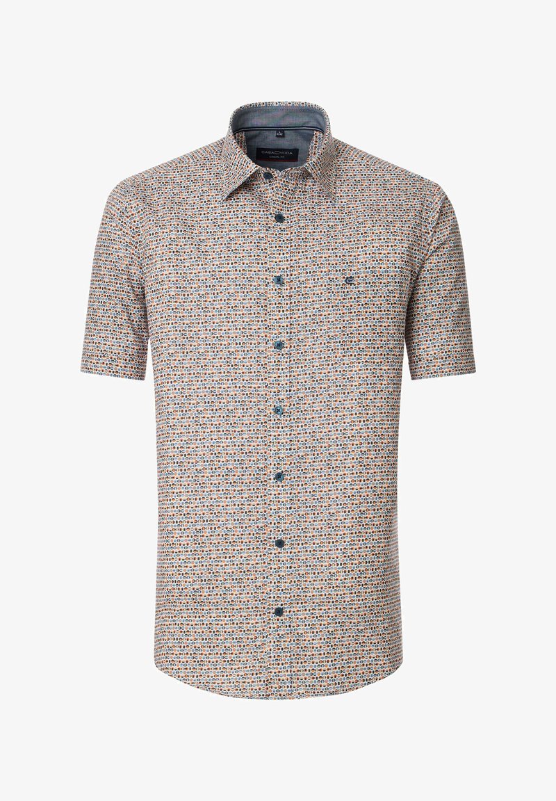 Kurzarm-Hemd mit Knopfleiste, das ein mehrfarbiges Kreisdesign aufweist, blaue Knöpfe und einen Kragen hat. Der Stoff hat eine glatte Textur.