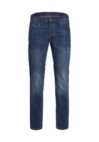 Mörkblå denimjeans med rak passform, subtil blekning, femficksdesign och kontrasterande sömmar. Stängs vid midjan med en knapp.