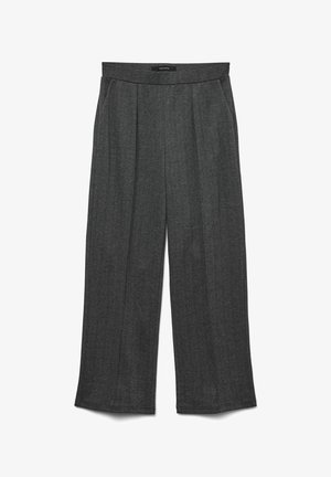 Mørkegrå brede bukser lavet af struktureret stof med frontfald og en tætsiddende talje. Ingen synlige lommer eller dekorationer.