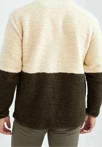 Person som bär en tvåfärgad fleecejacka med krämfärgad övre del och mörkbrun nedre del, ihop med olivgröna byxor, sedd bakifrån.