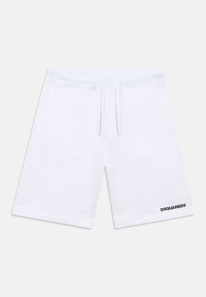 White knee-length shorts with side pockets, drawstring waist, and "DSQUARED2" logo on the lower right leg.
