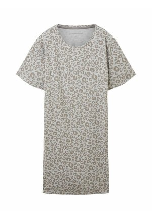 Grå klänning med kort ärm som har ett mönster i beige leopardtryck. Tyget verkar mjukt med en avslappnad passform och rund halsringning.