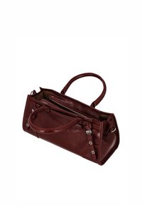 Borsa a mano in pelle bordeaux con due manici, forma rettangolare, finitura testurizzata, tasca con cerniera e dettagli in metallo color argento.