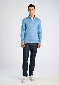 Hellblaues Zip-Kragen-Sweatshirt, gestrickte Textur, lange Ärmel, kombiniert mit dunklen Jeans und weißen Sneakers. Schlichtes, lässiges Design.